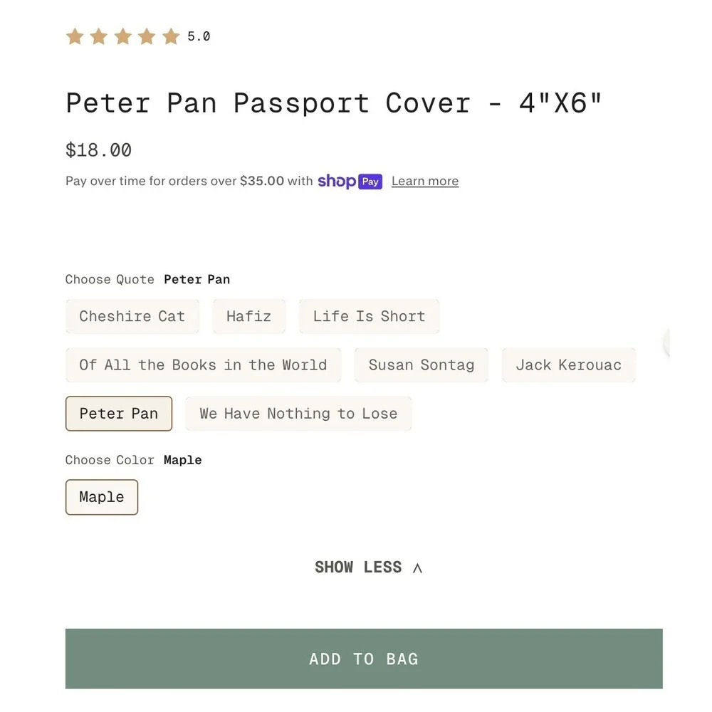 Sugarboo & Co Tan Leather Passport Notebook Cover Peter Pan Quote To Live Will